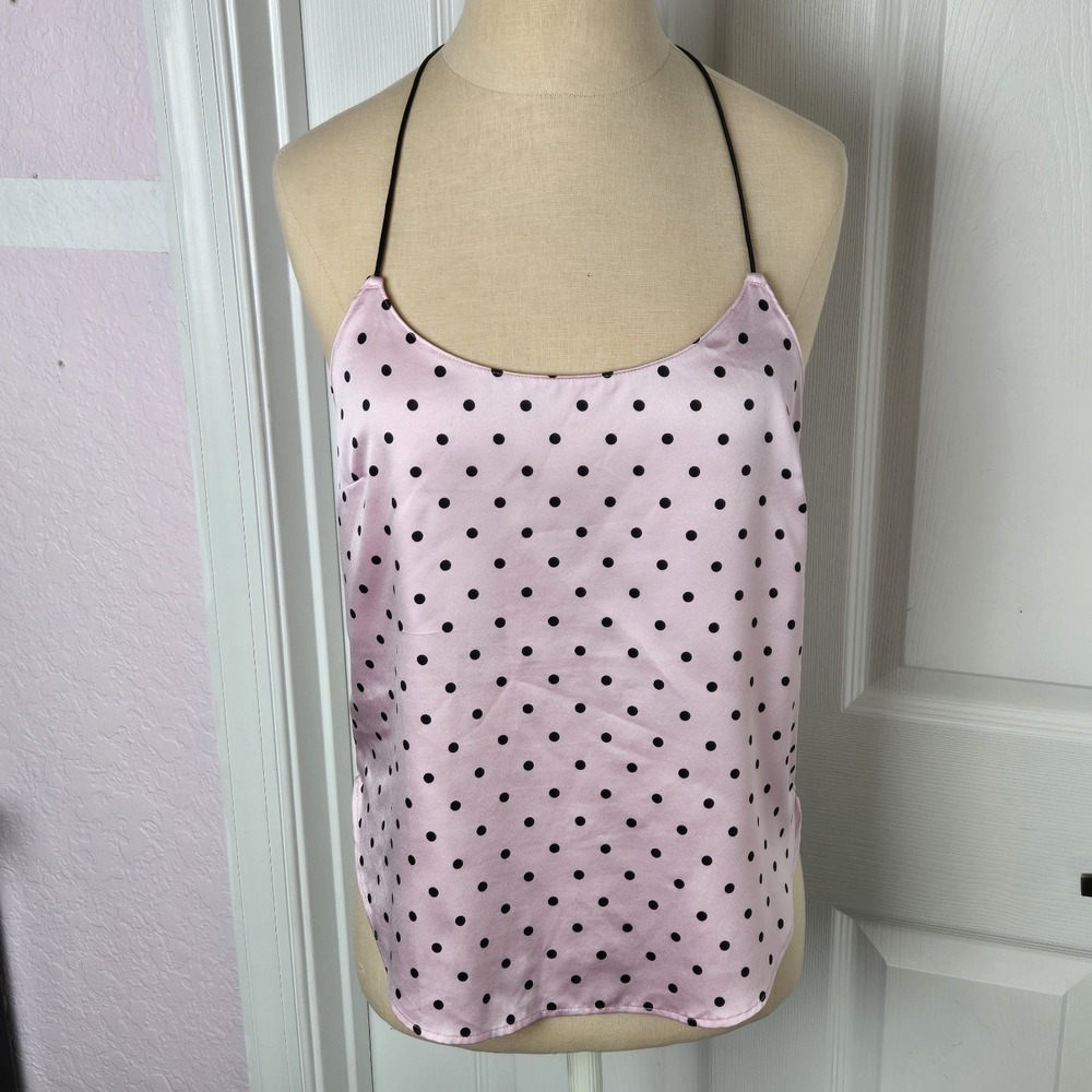 Victoria's Secret Pink Satin Black Polka‎ Dot Camisole Top Size XS Racer Back